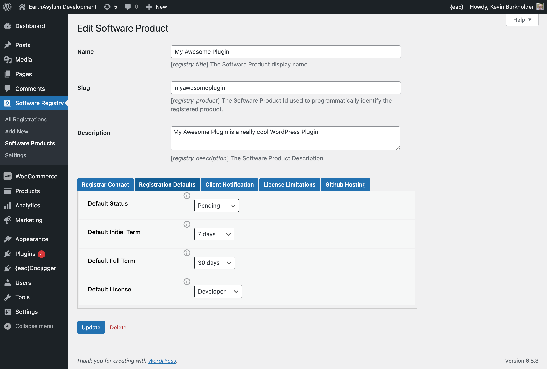 Software Registry → Software Products → {product} → Registration Defaults