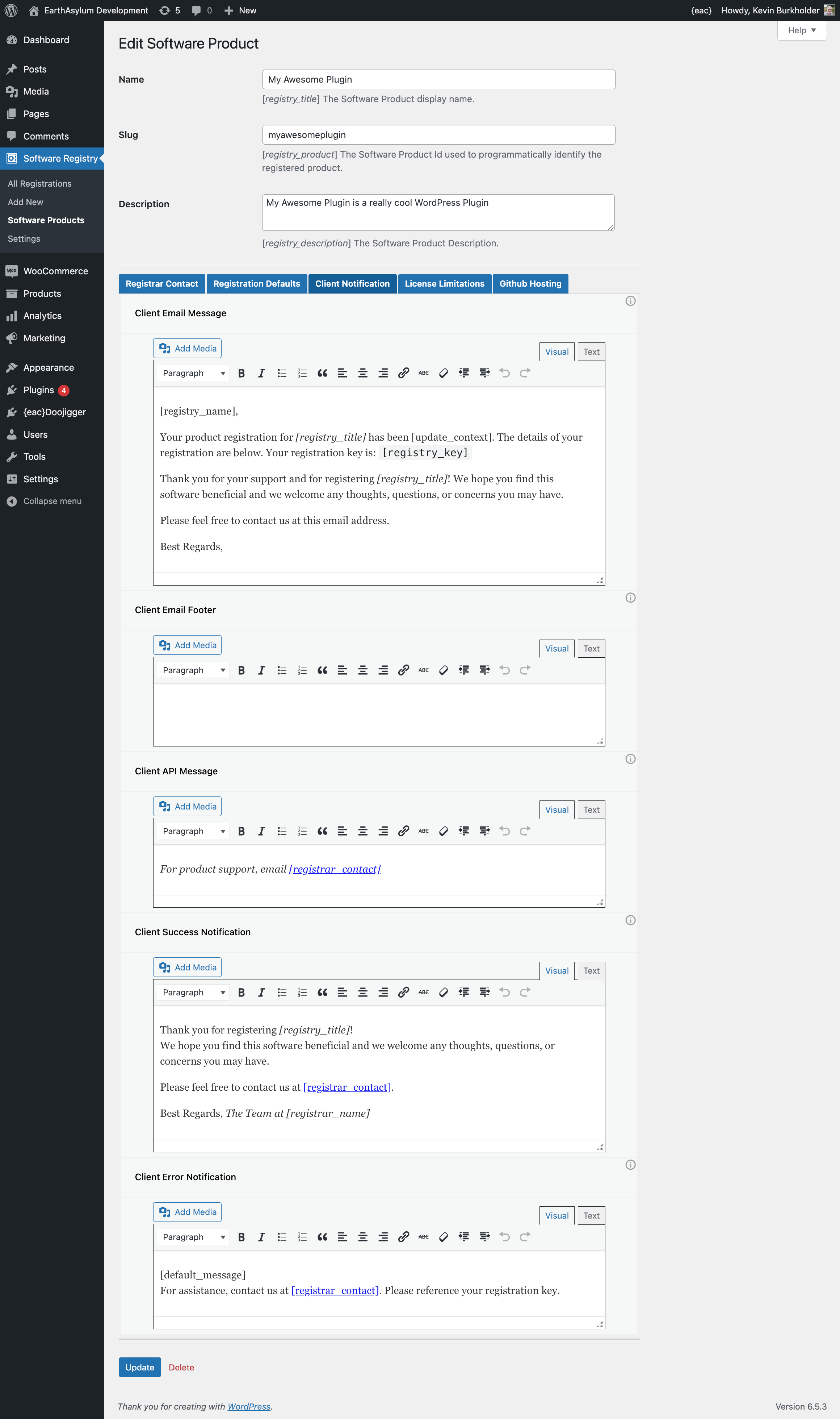 Software Registry → Software Products → {product} → Client Notification