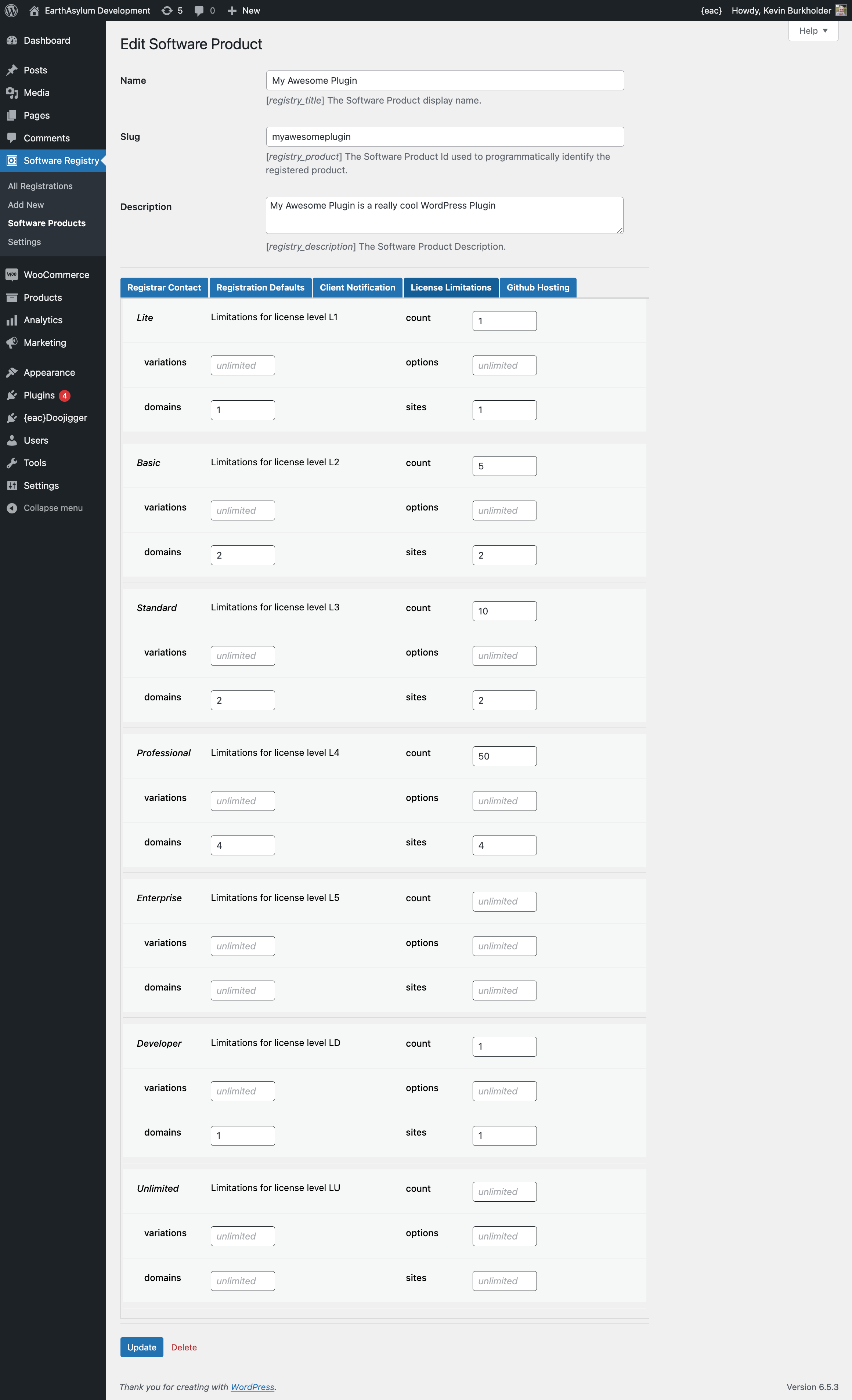 Software Registry → Software Products → {product} → License Limitations