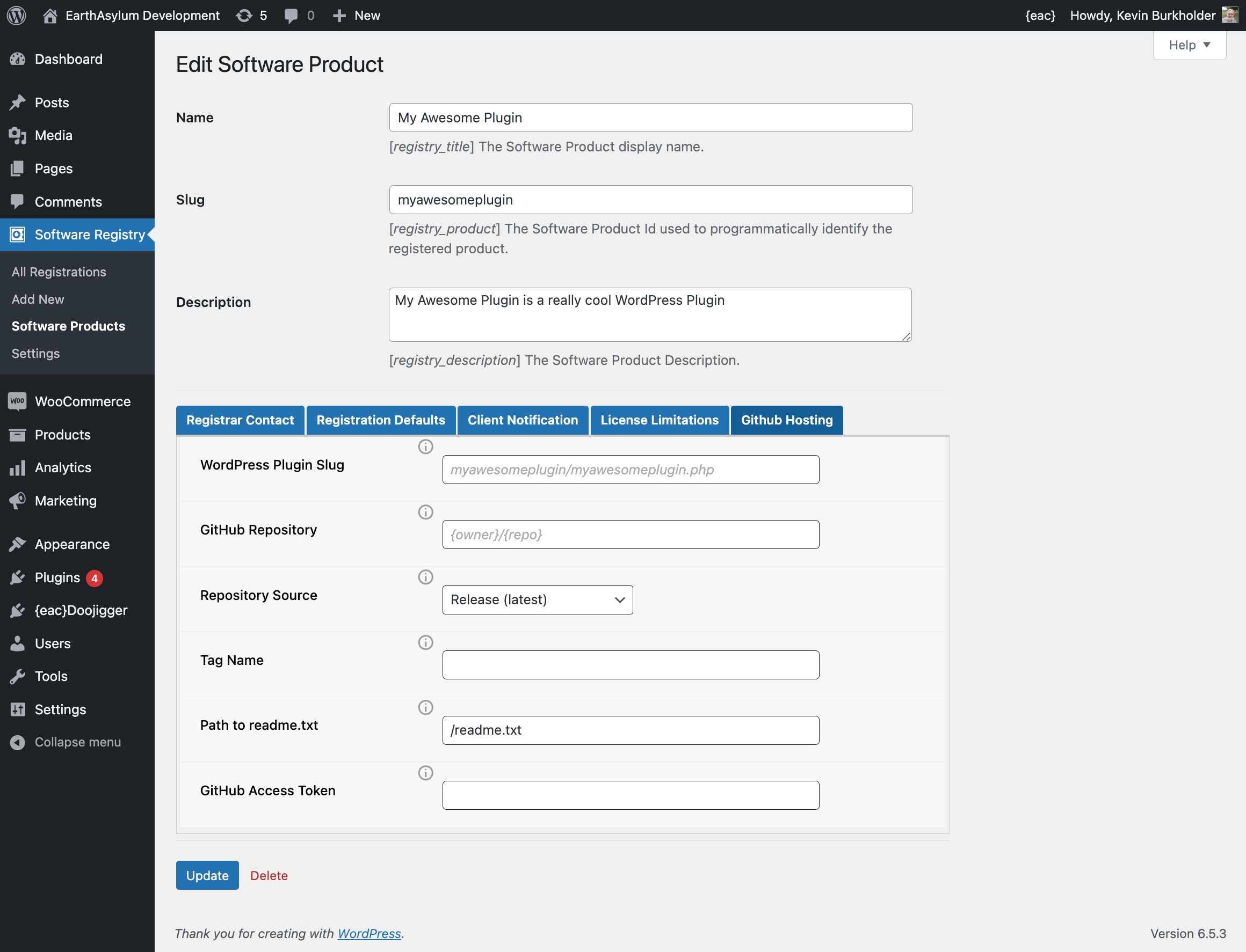 Software Registry → Software Products → {product} → Github Hosting