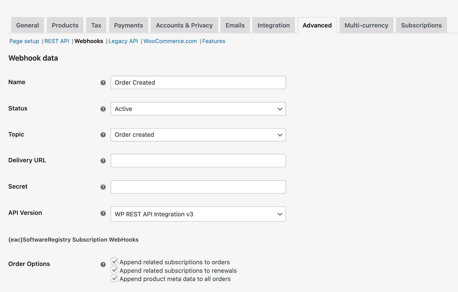 Options for Order Webhooks