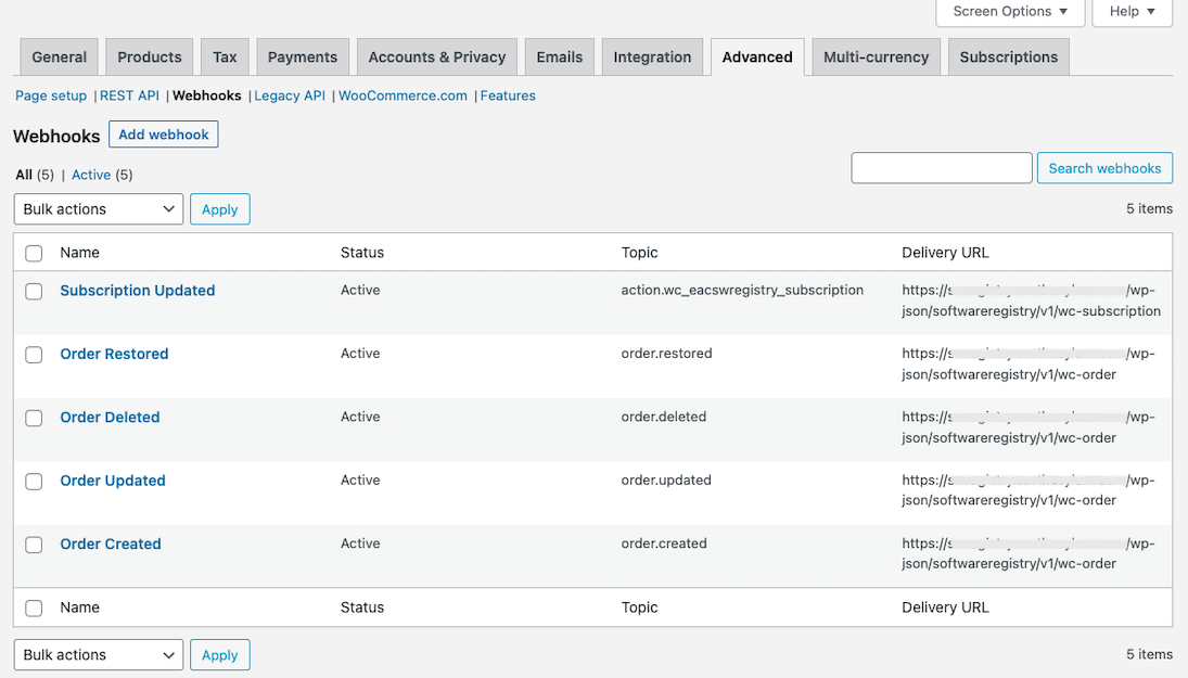 WooCommerce → Settings → Advanced → Webhooks