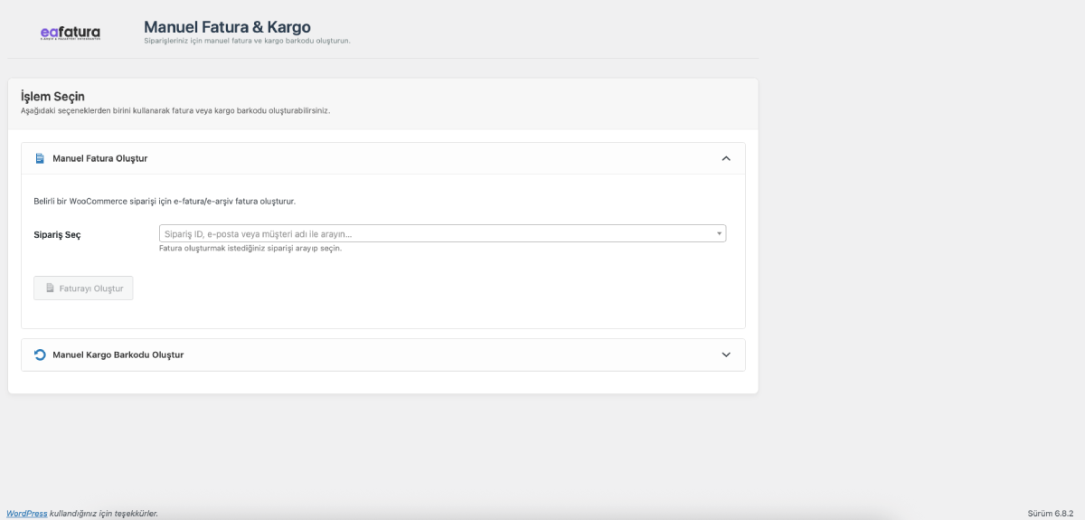WooCommerce Sipariş Listenizden kargo barkodu veya fatura oluşturun.