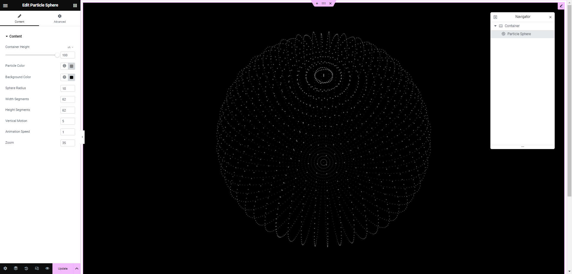 The Particle Sphere widget in action, showing a dynamic 3D particle system.