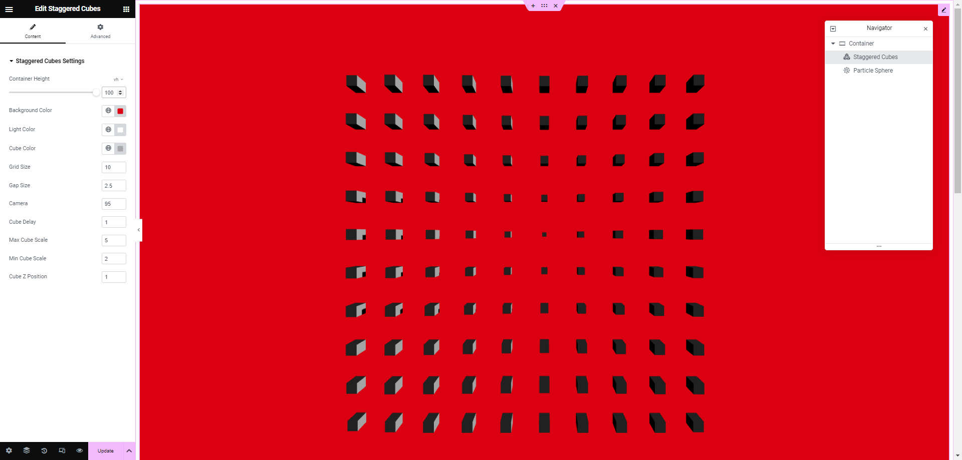 Example of the Staggered Cubes widget, demonstrating interactive cube animations.