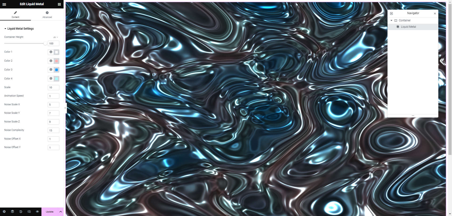 The Liquid Metal widget, illustrating a mesmerizing, fluid metallic effect that responds to user interactions, providing a futuristic feel to any web page.