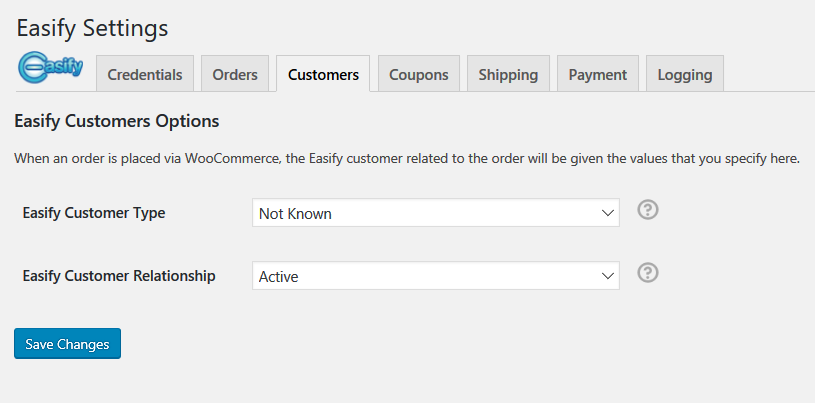 Customers, these settings are used when customers are automatically raised in Easify.