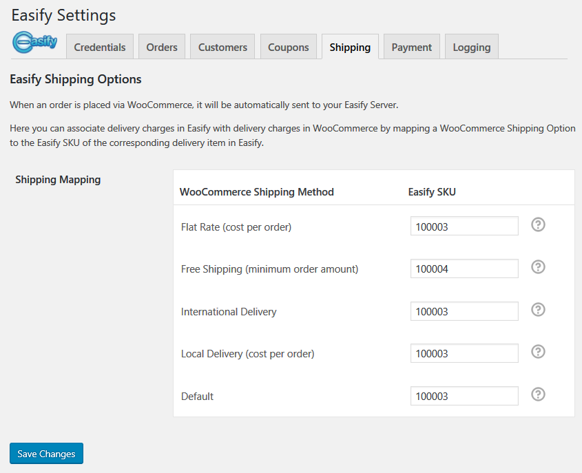 Shipping, map various WooCommerce shipping options to your Easify Server.