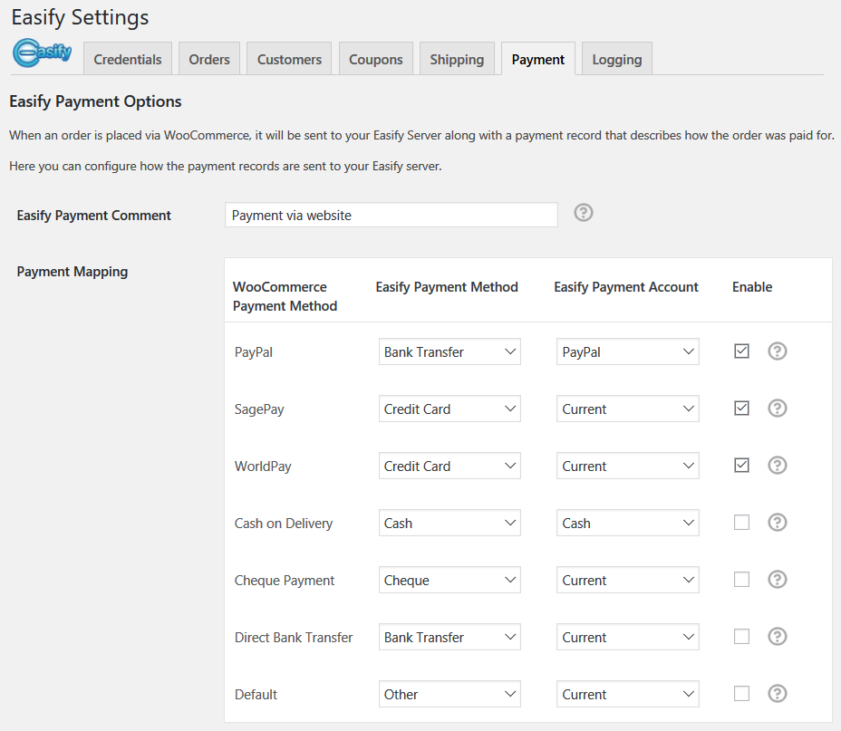 Payment, configure how WooCommerce payments are recorded in Easify.