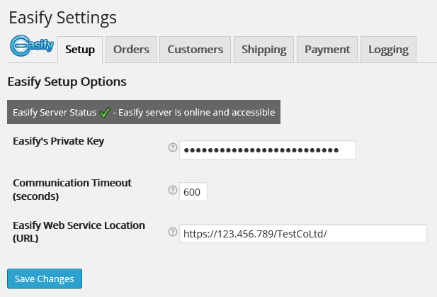 Setup, the options needed to connect your Easify server to WooCommerce.