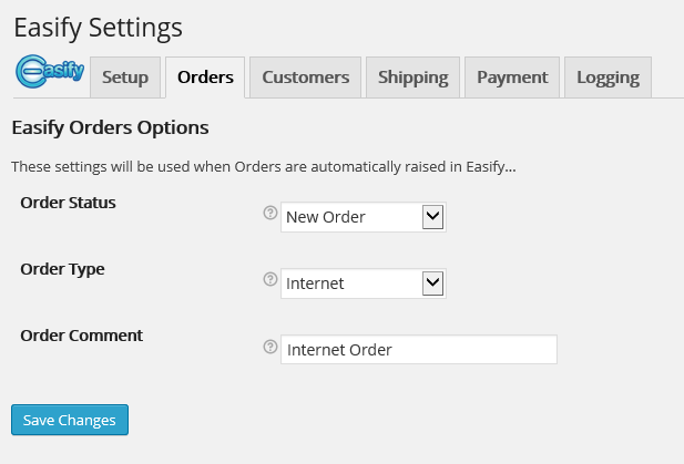 Orders, these settings are used when orders are automatically raised in Easify.