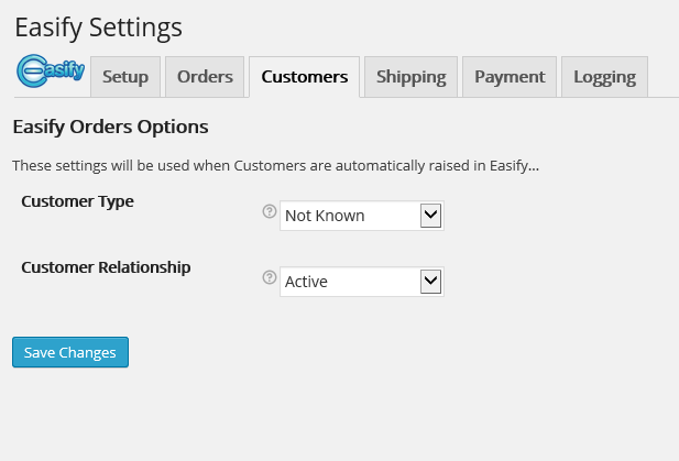 Customers, these settings are used when customers are automatically raised in Easify.