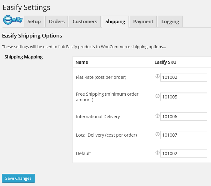 Shipping, these settings will be used to link Easify products to WooCommerce shipping options.
