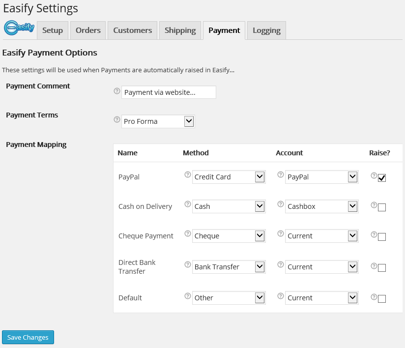 Payment, these settings will be used when payments are automatically raise in Easify.