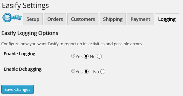 Logging, configure how you want Easify to report on its activities and possible errors.