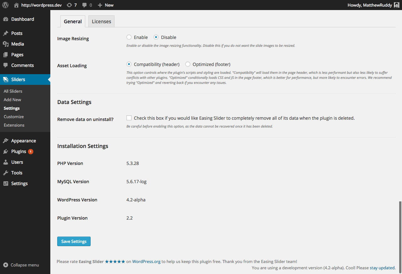 Preview of the plugin "Settings" admin page.
