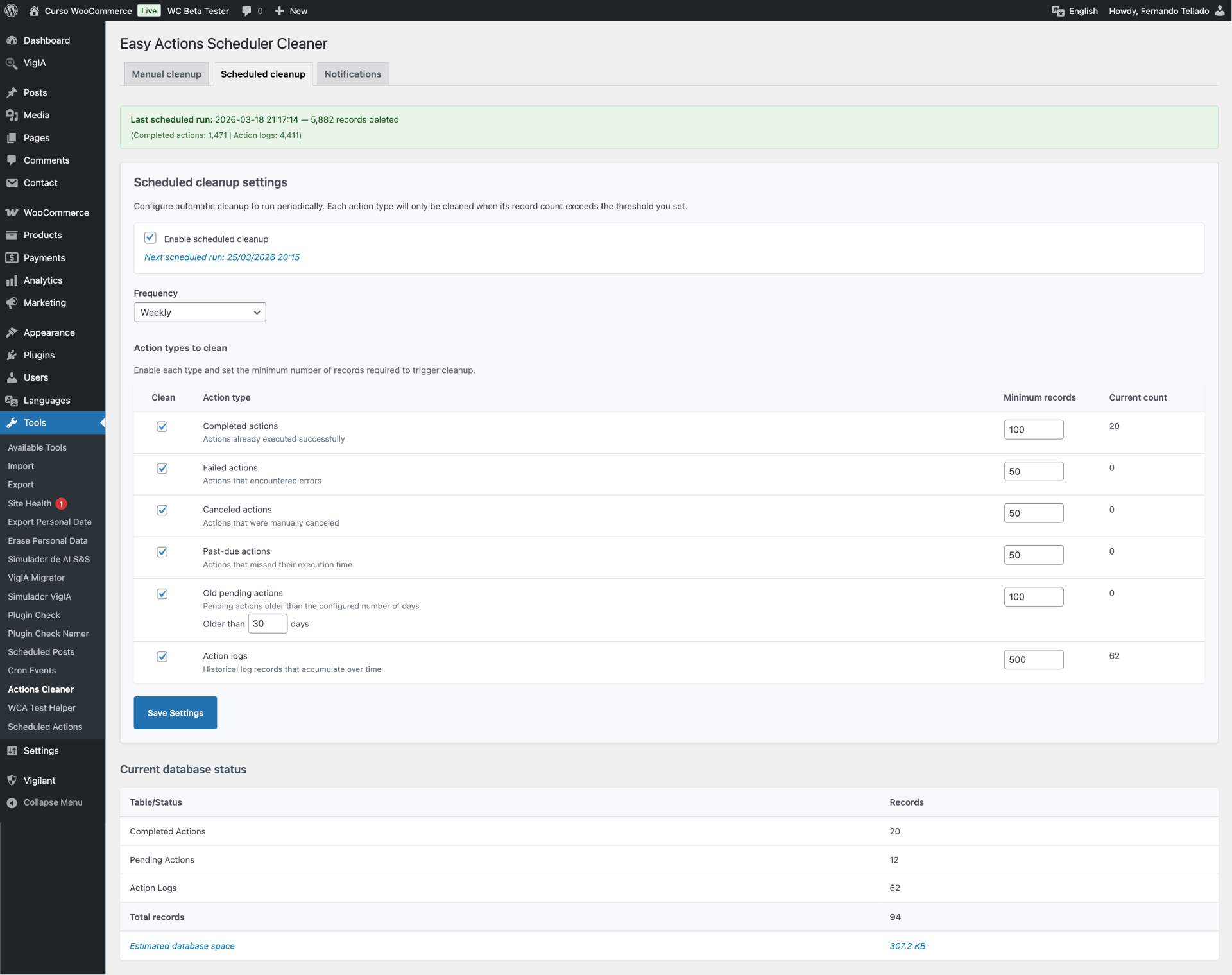 Cleanup results with estimated space freed
