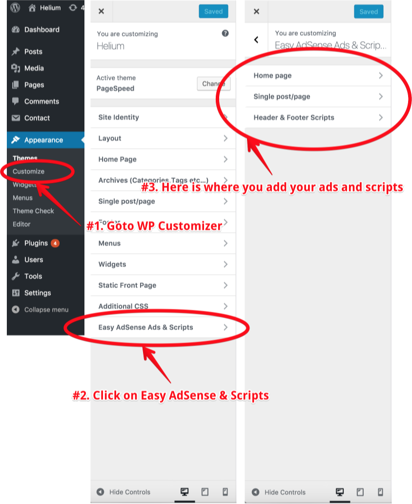 Panel added by the Easy AdSense Ads & Scripts Manager to the customizer ( Appearance -> Customize ).