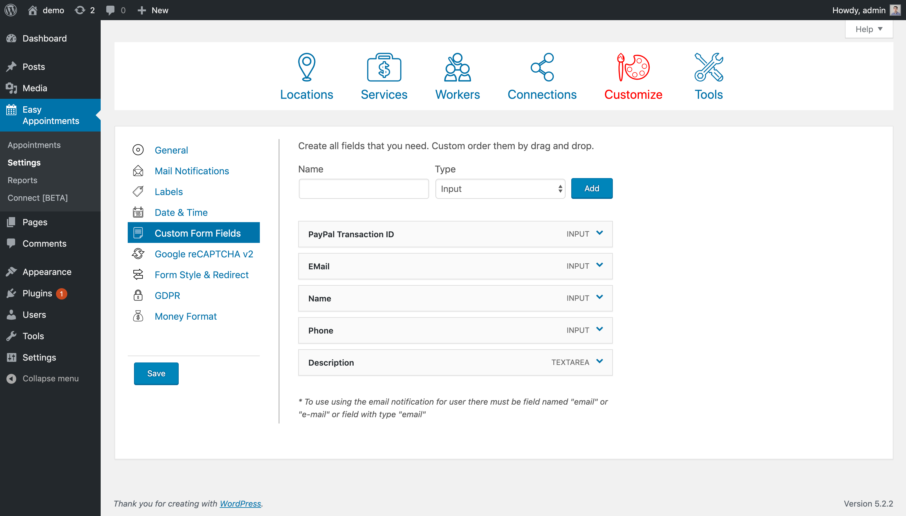 Admin panel - Settings Services. Define your Services