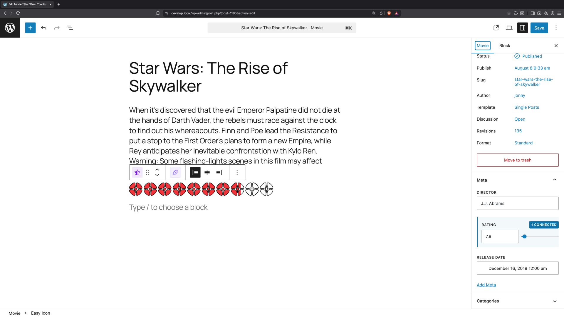 Connect blocks to meta fields and see real-time sync and visual indicators.