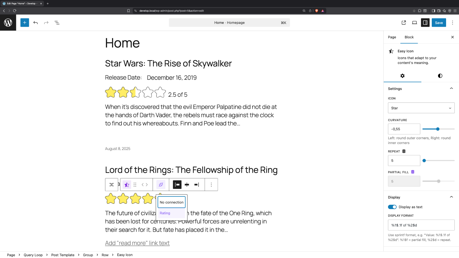 Use Easy Icon blocks for ratings or progress bars with advanced shape control.