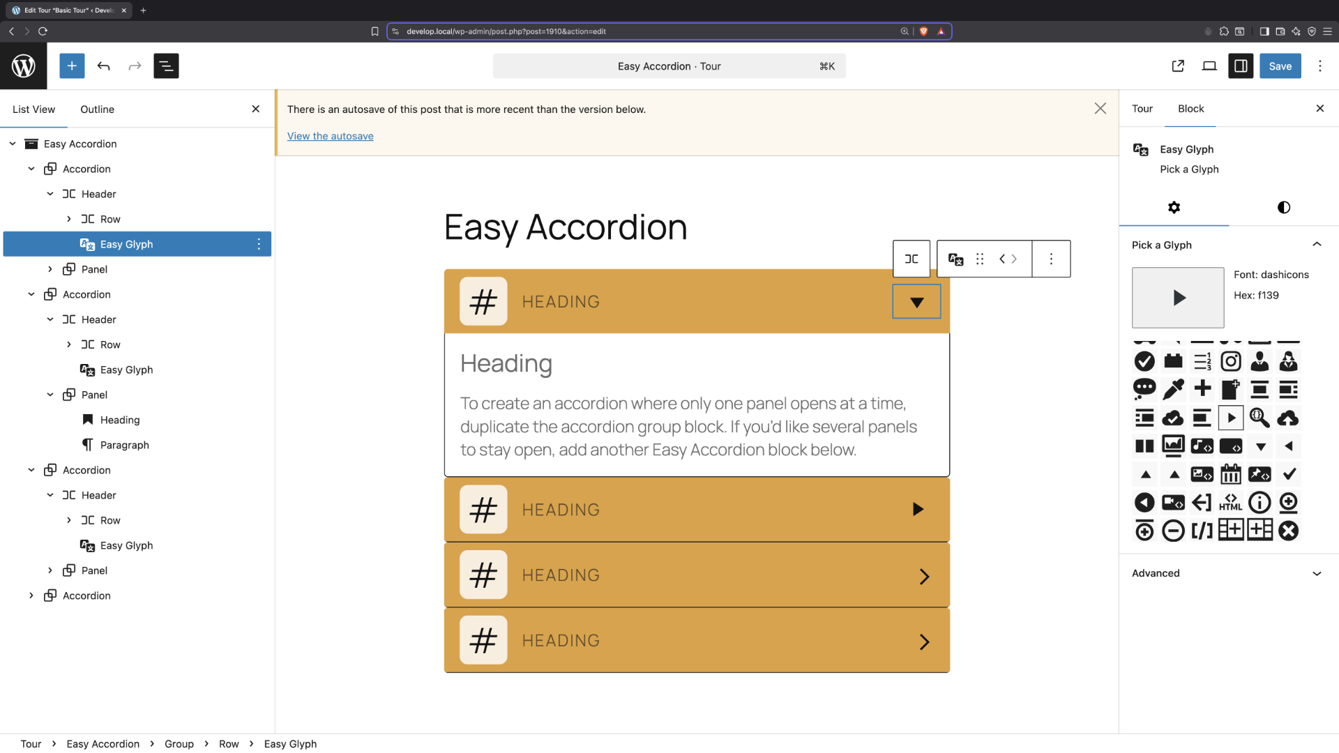 Easy Accordion Block with Easy Glyph Picker.