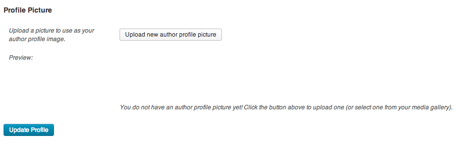Step 2 The new Profile Picture field on your authors' profile pages. Click on that button that says "Upload new author profile picture." Don't worry -- in addition to uploading a new picture, you can also select an image from a URL or one already uploaded to your Media Gallery.