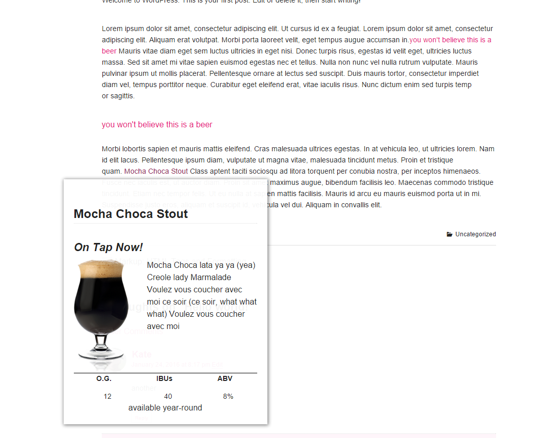 Shortcodes display beers in blog posts and pages