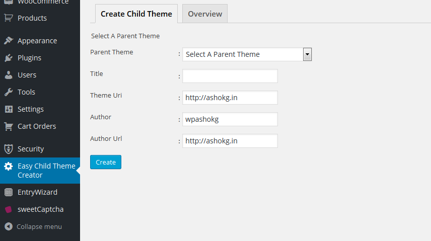 Easy Child Theme Creator - Options