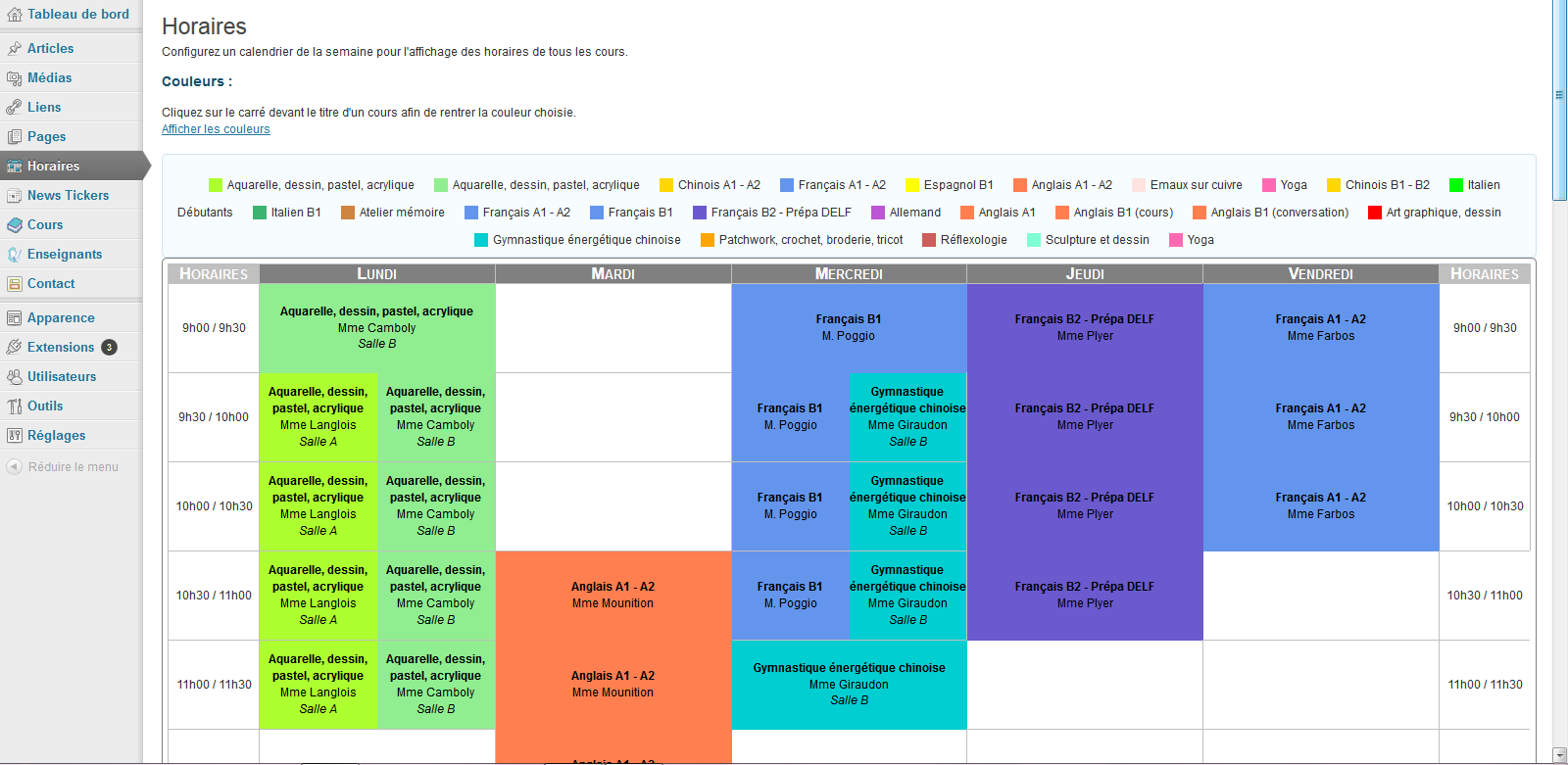 View of the automatically generated schedule in the administration (fr_FR version). You configure the colors. screenshot-1.png.