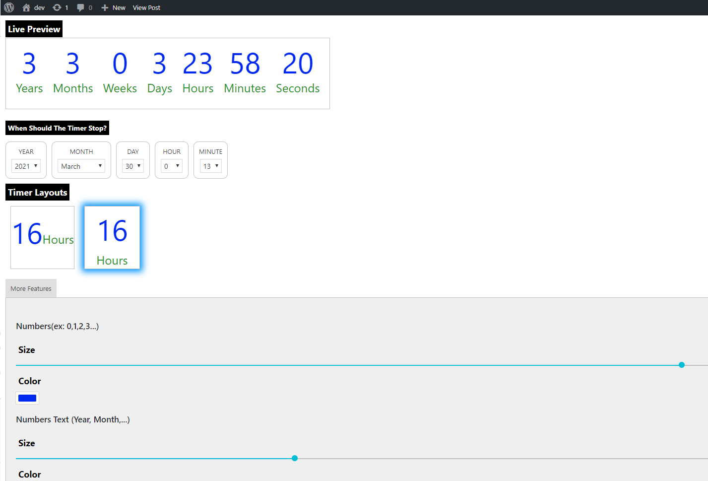 This is the styles page of the admin panel view of the plugin where you select a End date you want to count the days to and you can get the shortcode you want to use