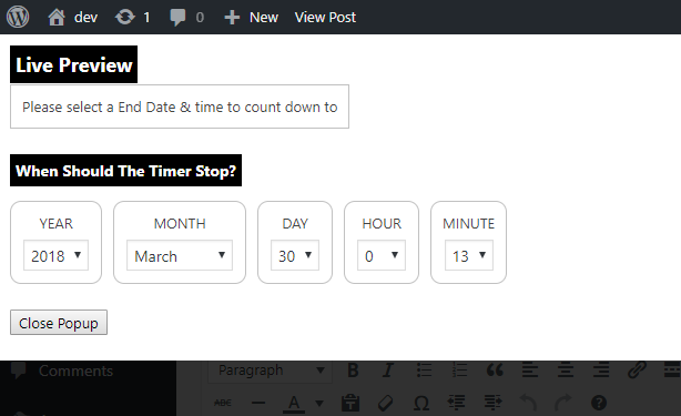 After you click the |"insert Timer" blue button in your admin page (Above tinyMCE)