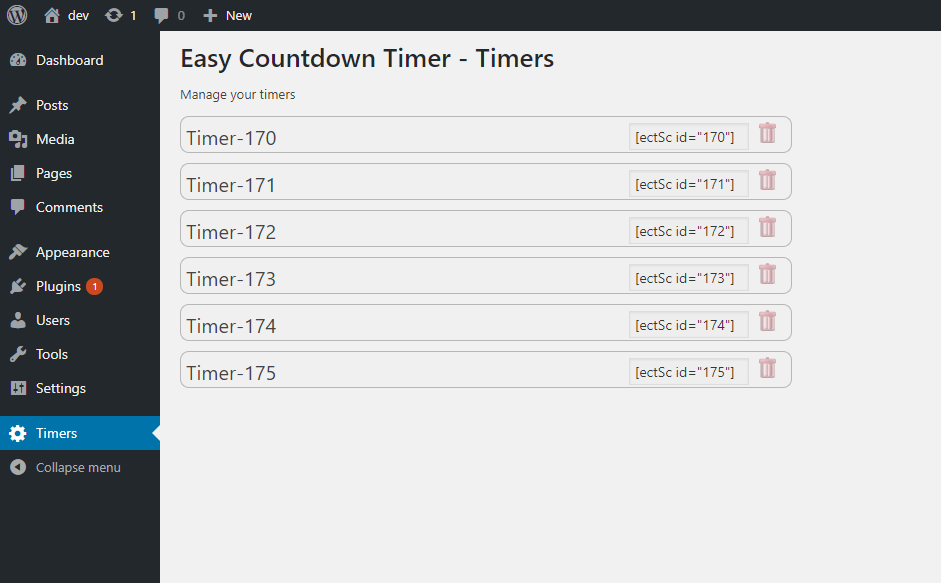 How The configuration of the Timers Admin Page looks like