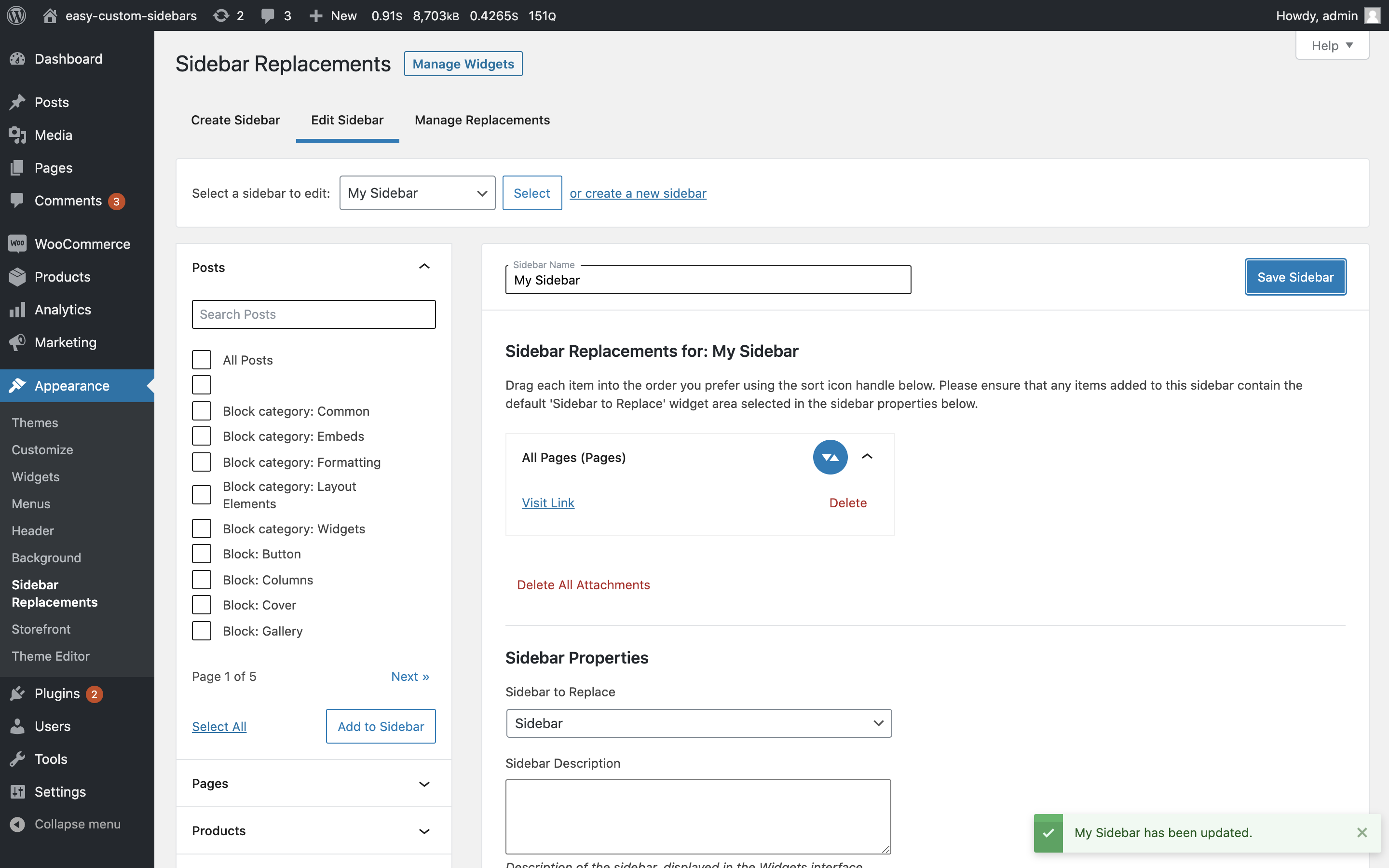 Manage the widgets for your custom sidebar on the native widgets screen. Integrates seamlessly with the WordPress admin area.