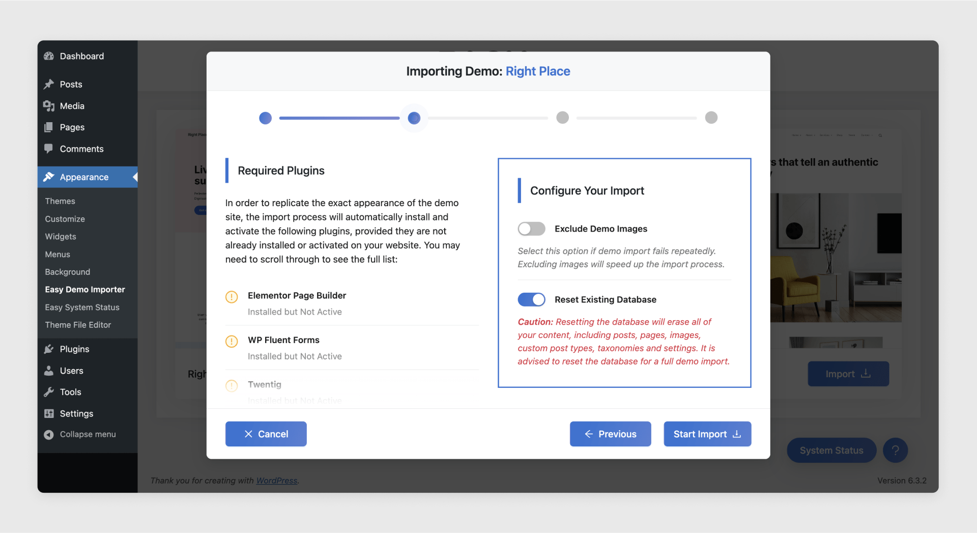 Example of how required plugins and configure import popup looks.