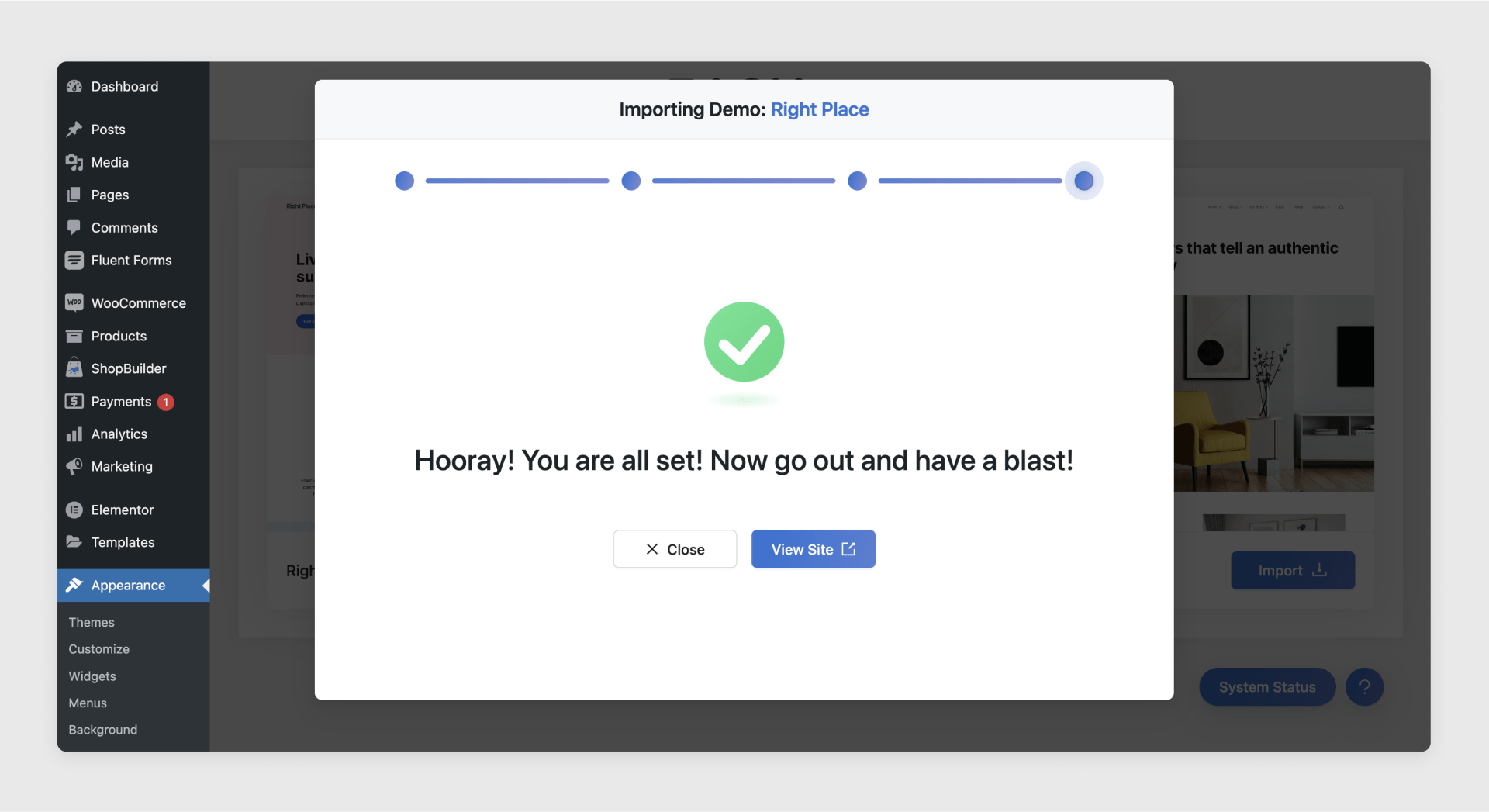 Example of the completed demo import popup.