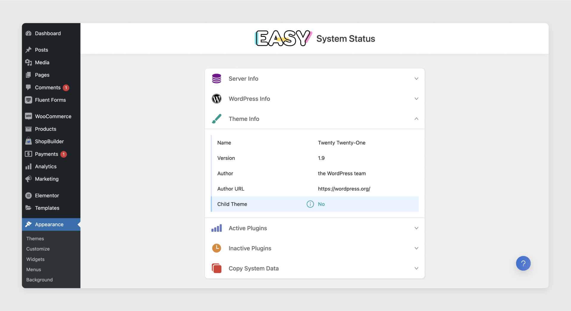 Example of how the system status page looks.