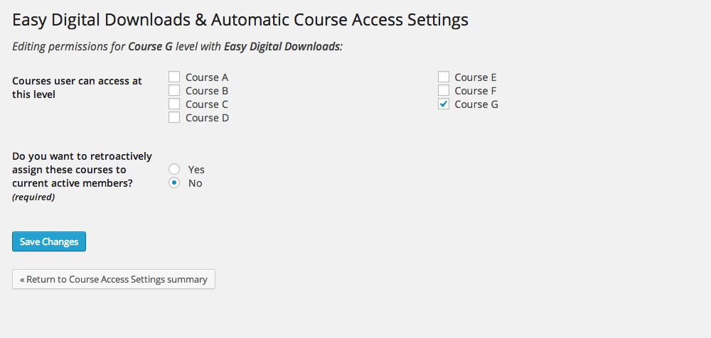 This is the screen where specific courses are selected to be associated with the digital product. The retroactive function will enroll students to courses that were recently associated to the digital product.