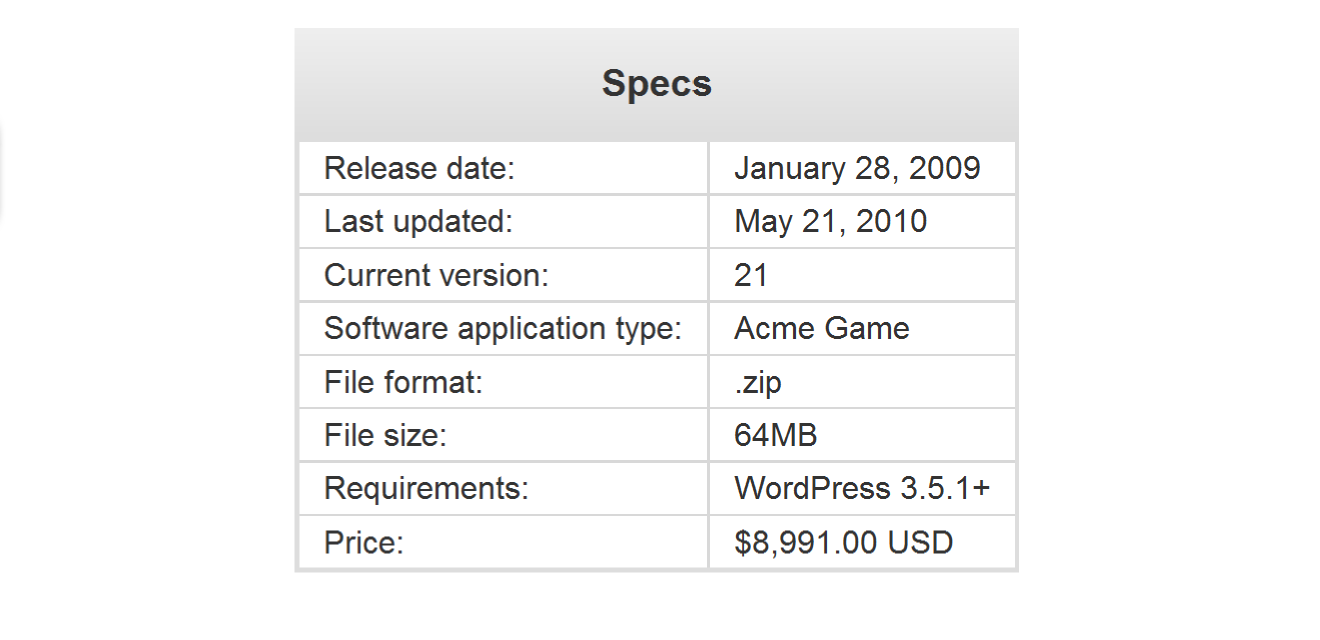 Front-end: Specs table as shown on single download page