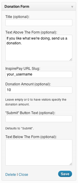 The Donation Form widget's settings.