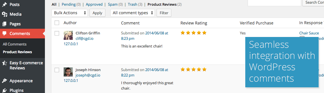 Product reviews view.