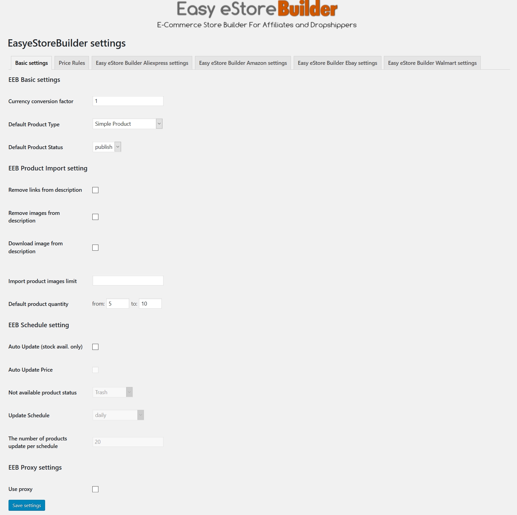 This is the main settings page.