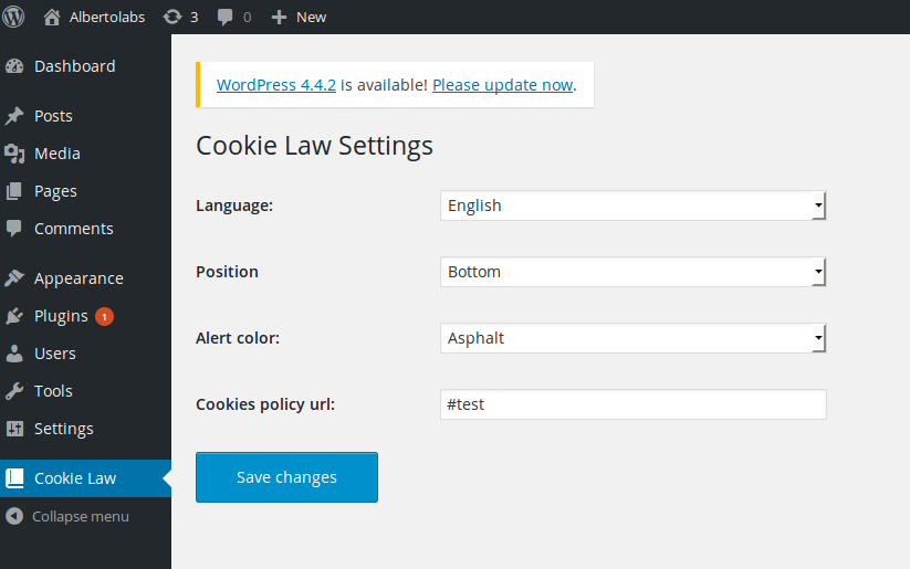 Cookie law configuration panel
