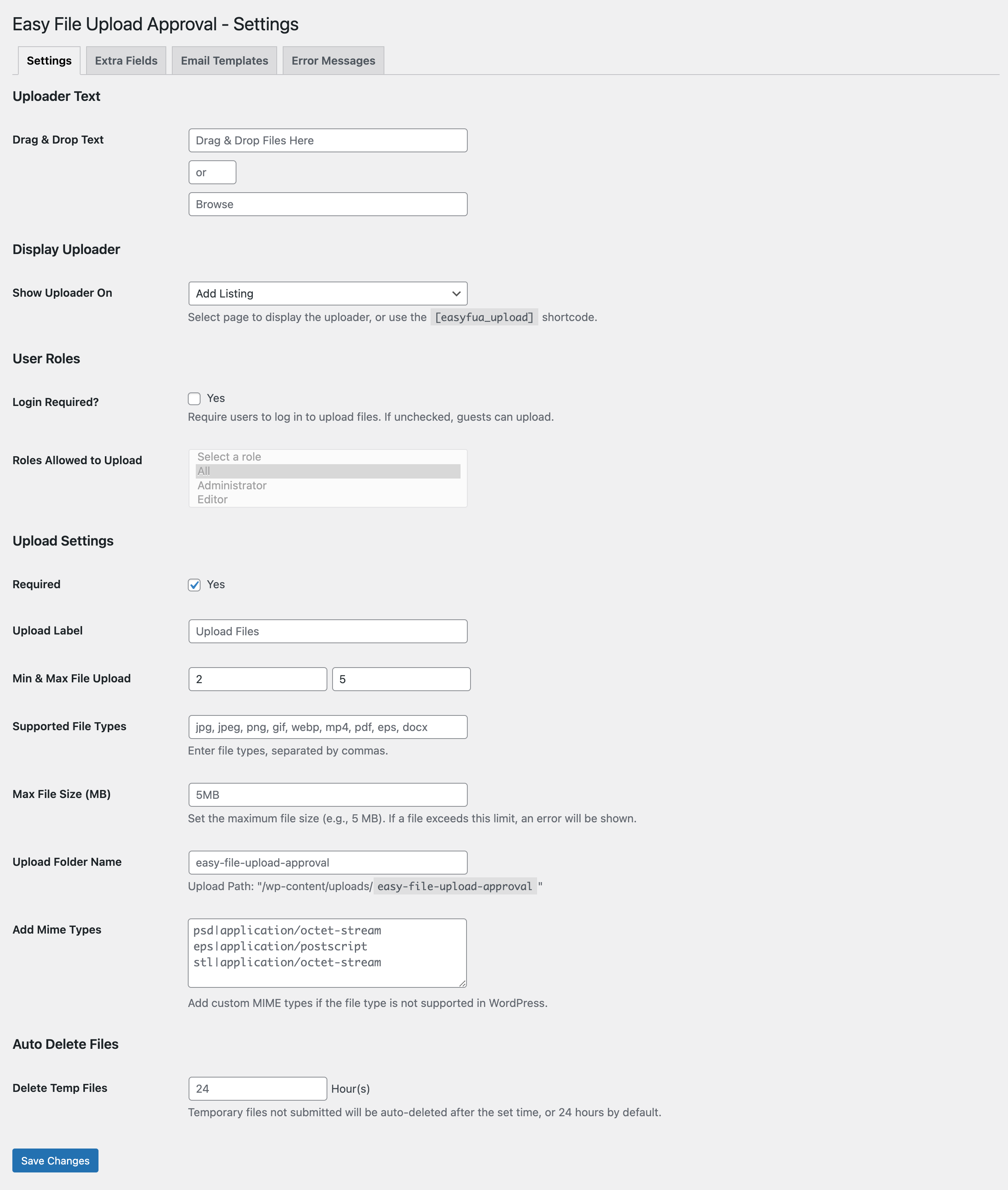 Settings - Extra Fields