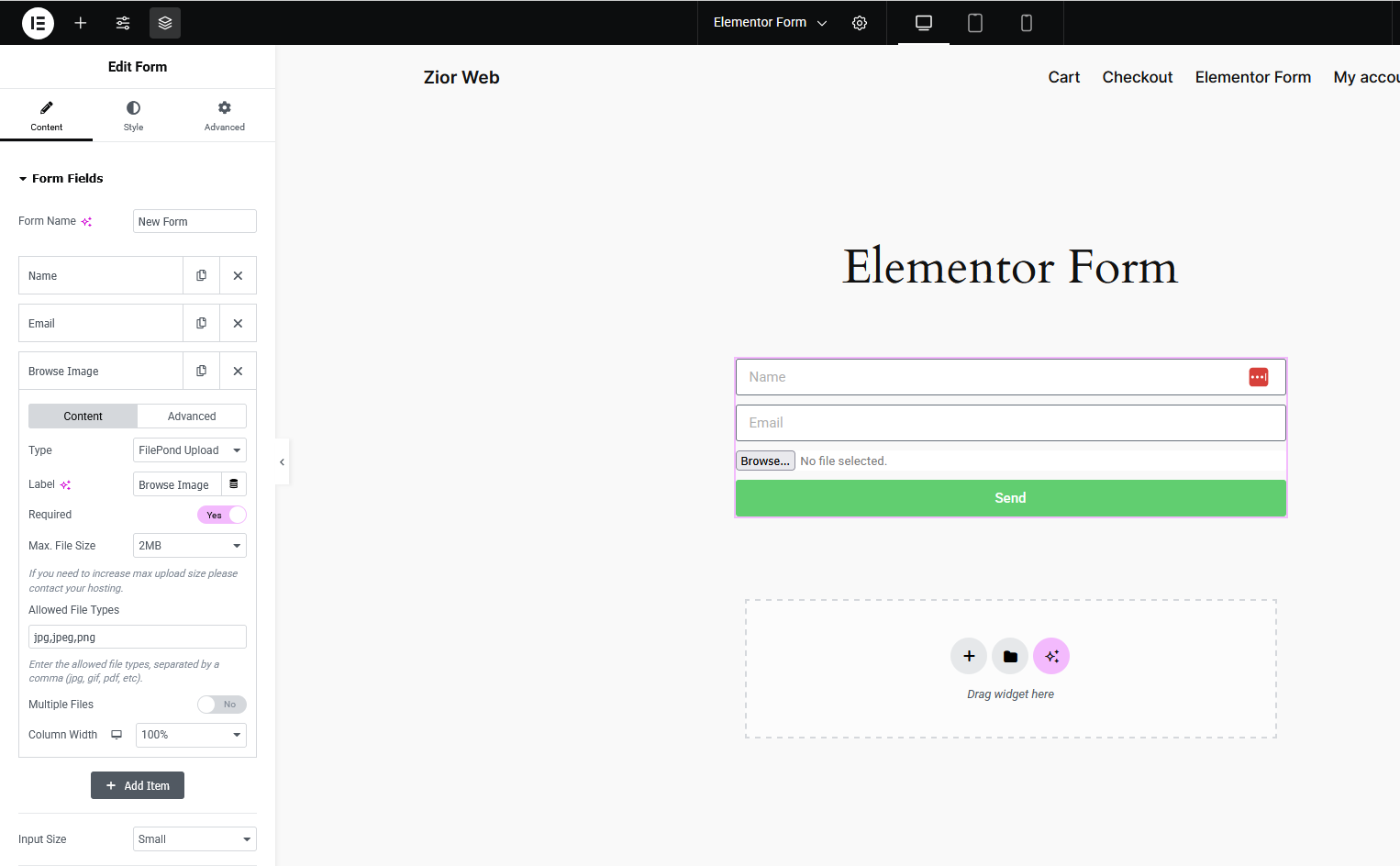 Screenshot of the Elementor form builder with the DragDrop upload field.