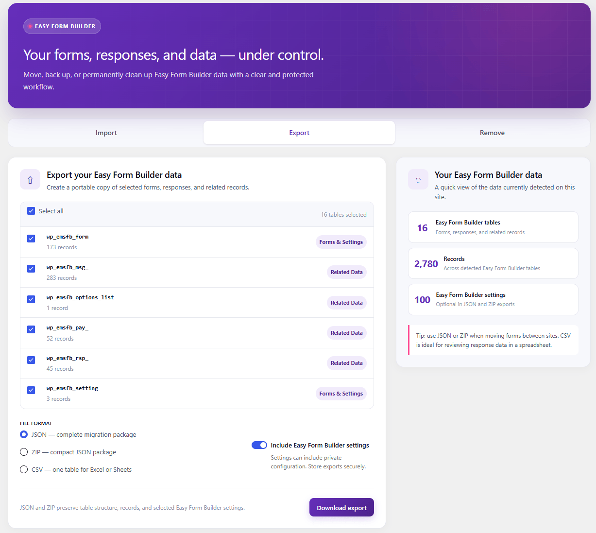 Export your Easy Form Builder data tab.