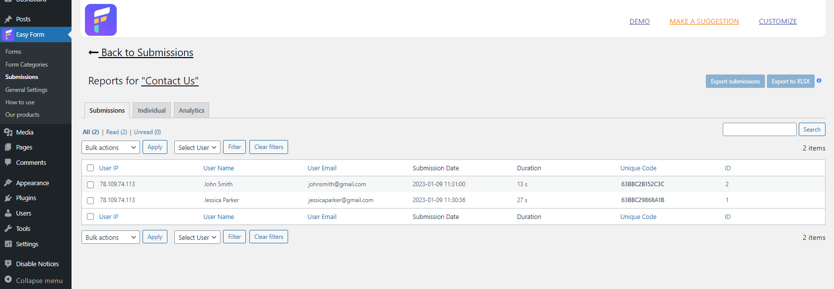 WordPress Form Plugin - Form Results tab