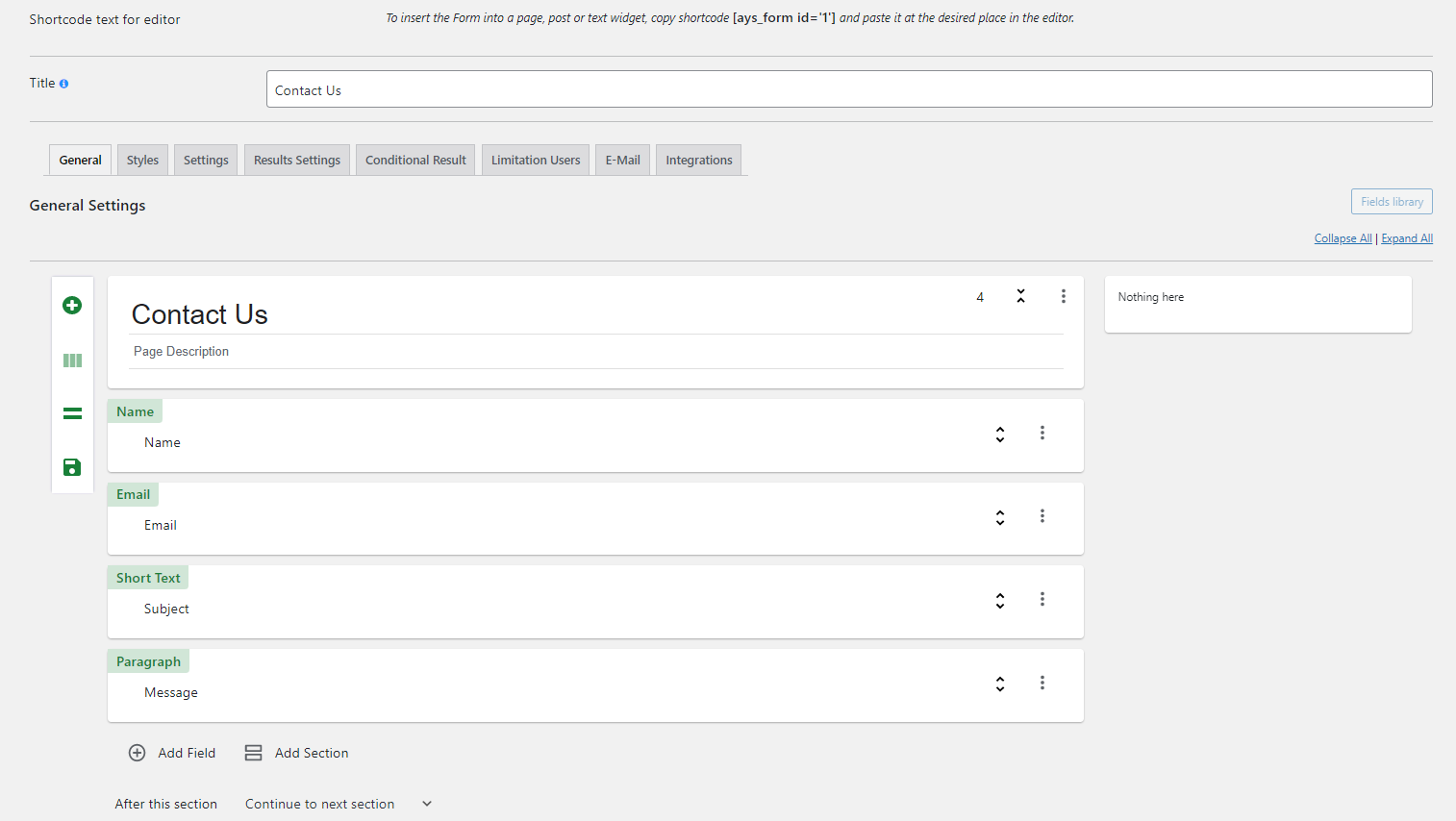 WordPress Form Plugin - General tab