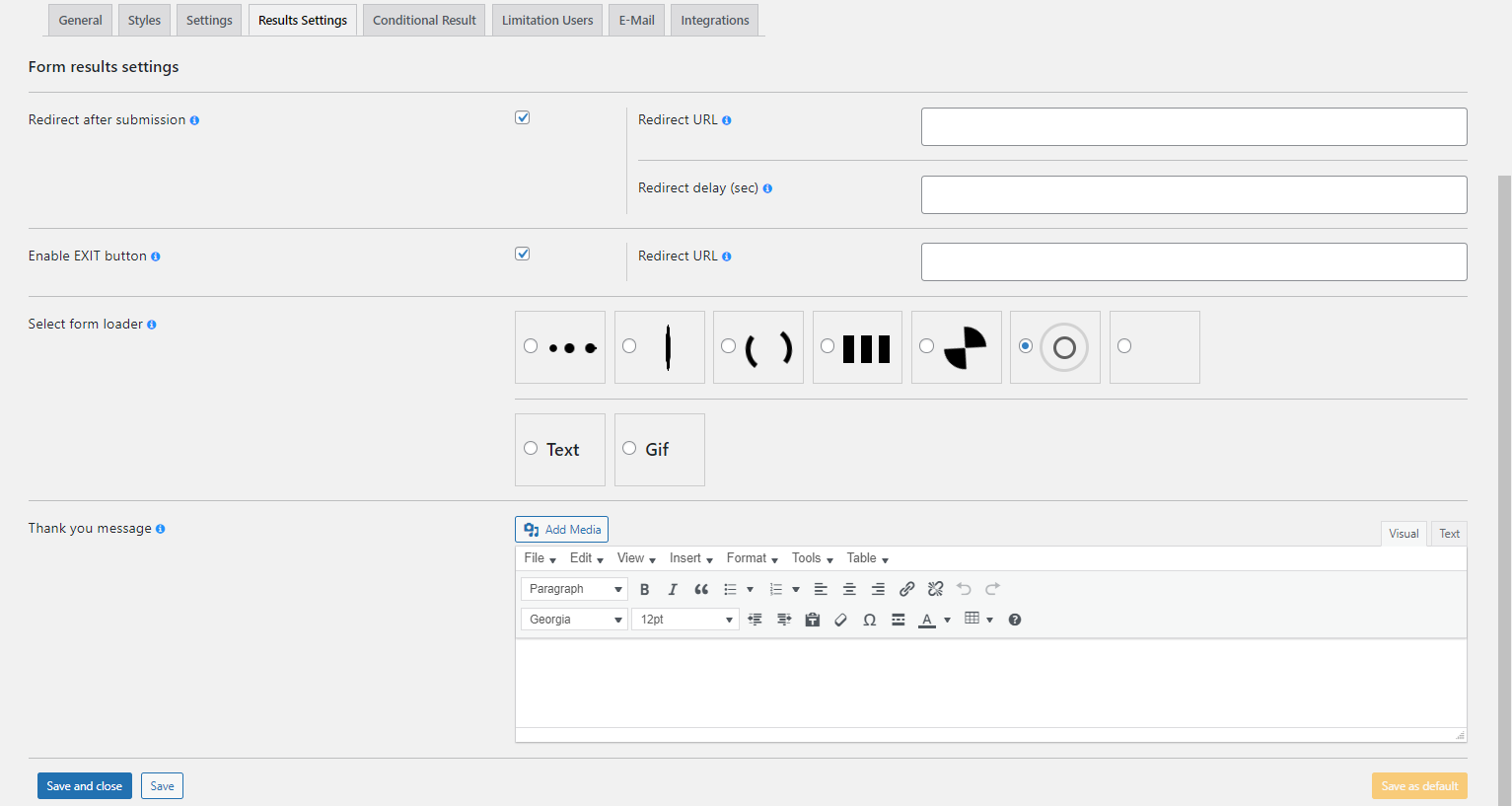 WordPress Form Plugin - Result Settings tab