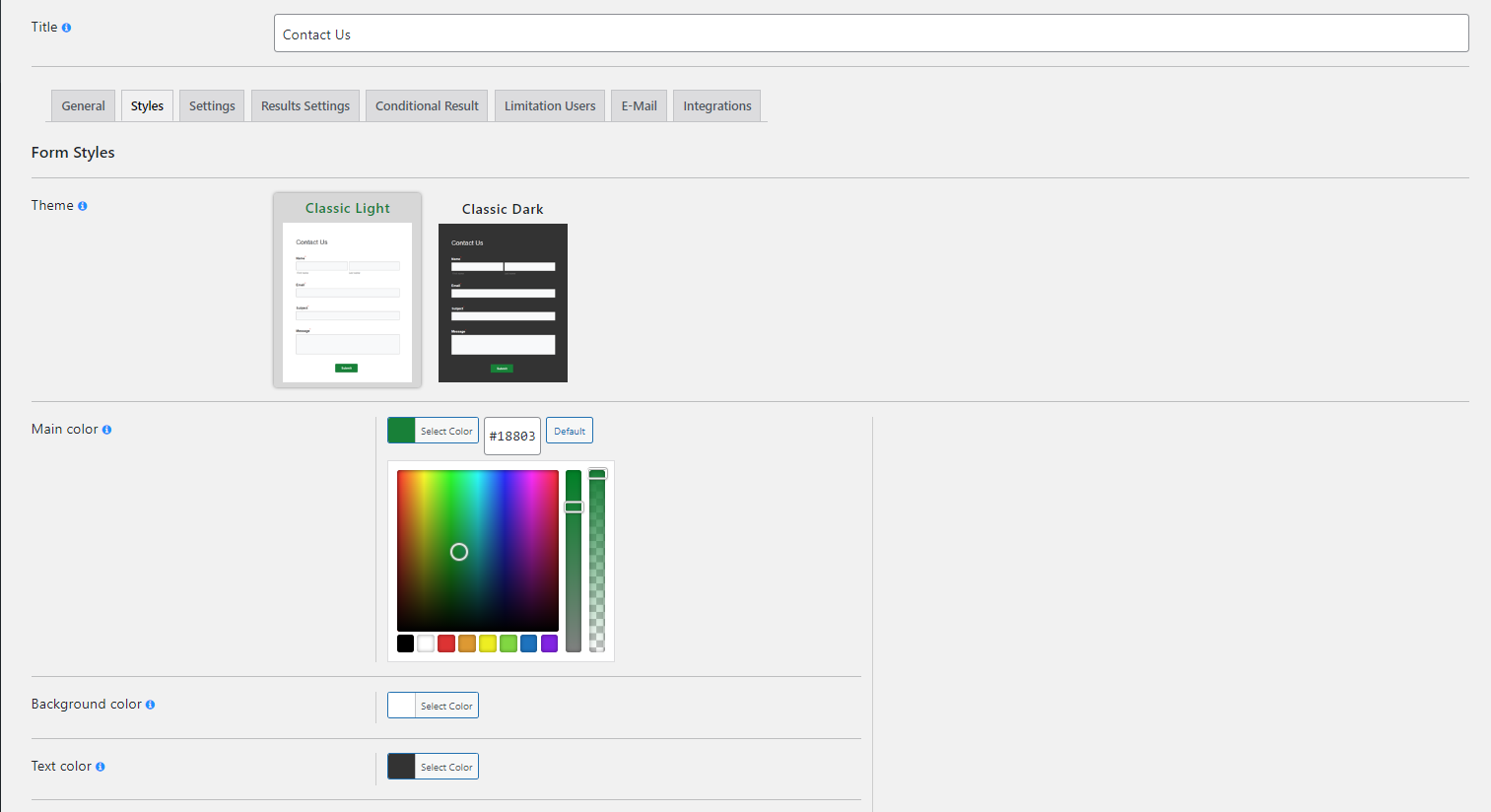 WordPress Form Plugin - Styles tab
